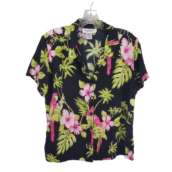 KEY LIME PIE Women's Hawaiian Shirt Pink Parrots Floral Black Rayon Sz S - Picture 1 of 6